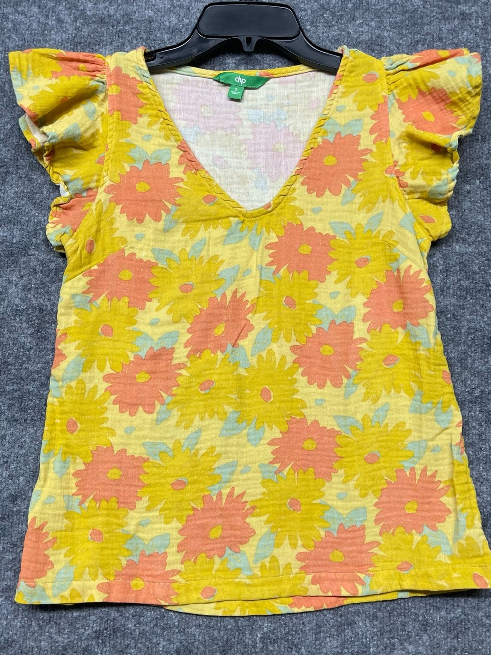Dip Yellow Floral V-Neck Ruffle Sleeve Top Size S